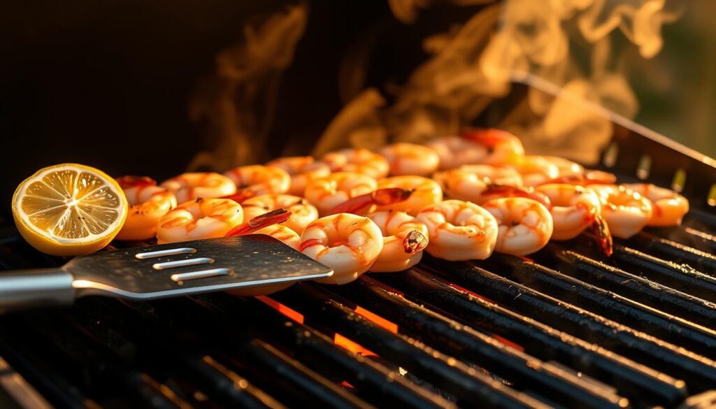 A backyard grill with sizzling shrimp, expertly seasoned and grilled over open flames. Grill grates glisten with a light coating of oil, creating flavorful char marks. Plump, juicy shrimp seared to perfection, their vibrant pink hues contrasting against the dark grill. A crisp, fresh lemon wedge rests nearby, ready to add a bright, citrusy accent. Billowing smoke rises, filling the air with the mouthwatering aroma of grilled seafood. The scene is illuminated by warm, golden lighting, casting a cozy, inviting atmosphere. A stainless steel spatula stands at the ready, poised to skillfully turn and baste the shrimp. This image captures the essence of grilling shrimp with care and precision, showcasing the techniques to achieve tender, flavorful results. grilled shrimp recipe