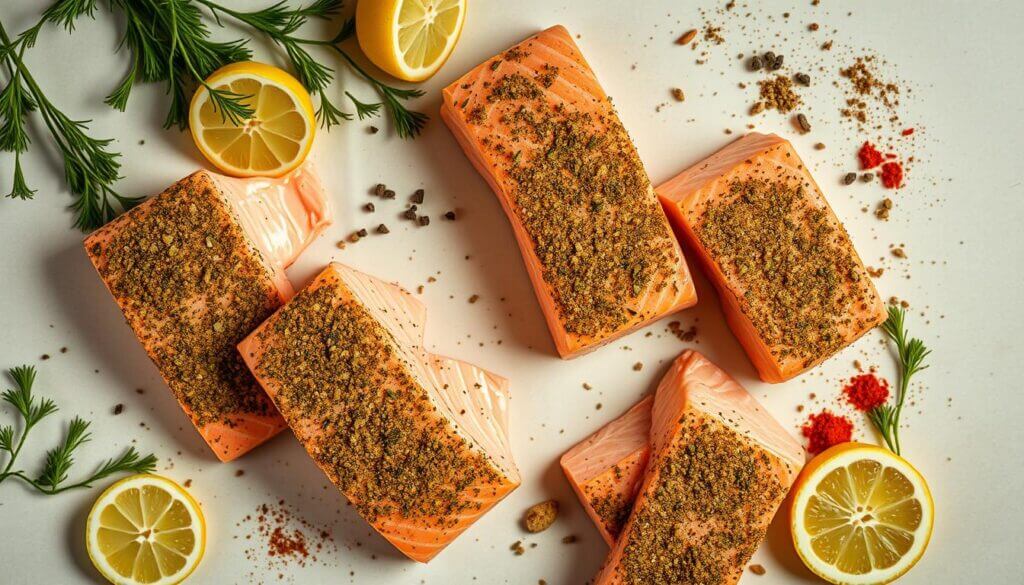 A beautifully lit overhead scene showcasing an assortment of fresh salmon fillets coated in a rustic, aromatic rub. Surrounding the salmon are various complementary ingredients such as sliced lemon, sprigs of dill, and a scattering of spices like black pepper, paprika, and garlic powder. The scene is set against a soft, neutral background that allows the vibrant colors of the salmon and accoutrements to take center stage. The lighting is warm and natural, creating a cozy, inviting atmosphere that evokes the comforting flavors of a well-seasoned salmon dish.