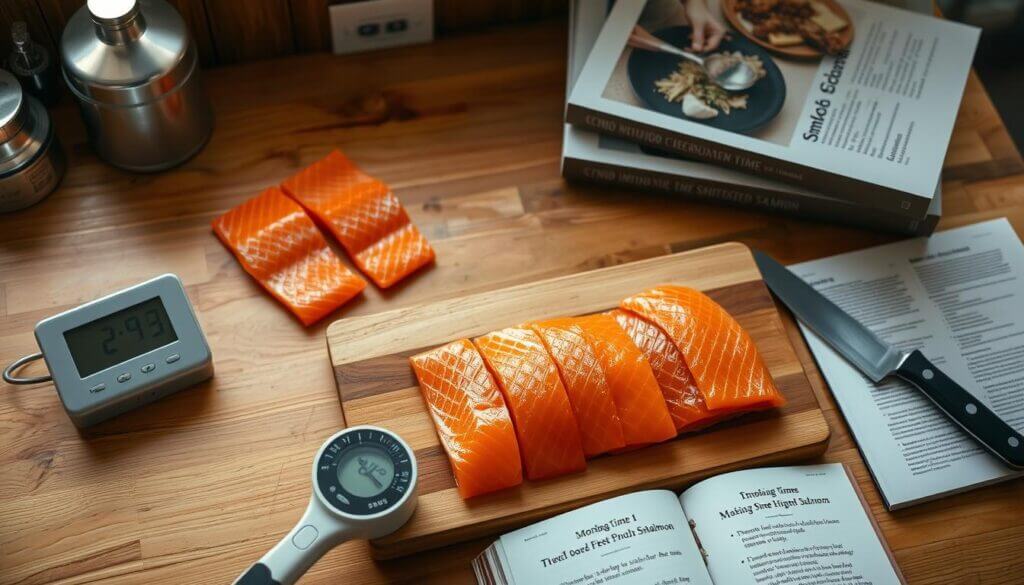 A beautifully lit overhead shot of a wood-paneled kitchen counter, showcasing a cutting board with neatly arranged pieces of succulent smoked salmon. In the foreground, a precise digital thermometer displays the perfect internal temperature of the salmon, alongside a clean, minimalist timer. The mid-ground features a stack of culinary reference books, with one open to a page detailing recommended smoking times and temperatures for the perfect smoked salmon. The background is softly blurred, creating a sense of depth and focus on the essential elements. The overall mood is one of culinary expertise, precision, and the pursuit of the ideal smoked salmon preparation. Smoked Salmon Rub Recipe