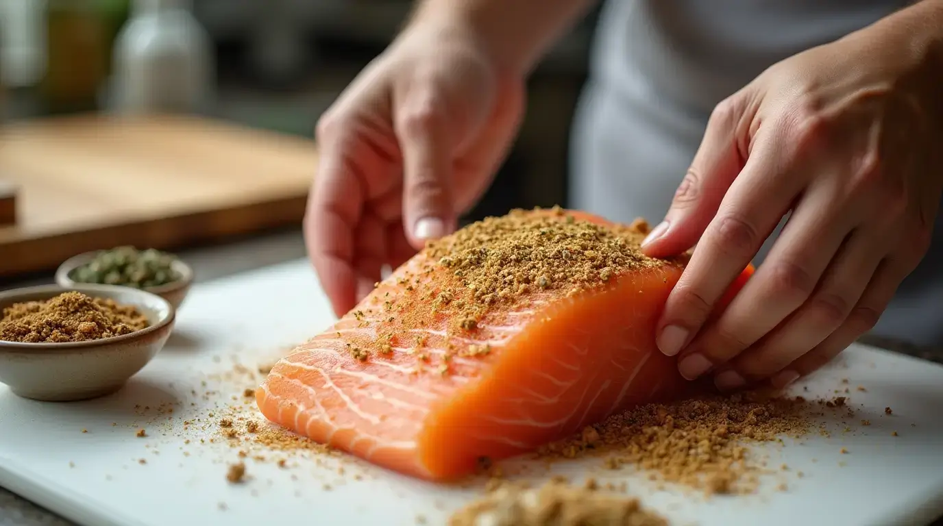 A close-up of a chef's hands carefully applying a dry rub seasoning blend to a fresh, skin-on salmon fillet. The fish is resting on a clean, white surface, surrounded by an array of spices and herbs in small bowls. Soft, diffused lighting creates gentle shadows, highlighting the texture of the salmon and the vibrant colors of the seasoning ingredients. In the background, a wooden cutting board and kitchen tools suggest a professional culinary setting. The overall mood is one of focused attention and attention to detail, setting the stage for a delicious and visually appealing salmon dish.