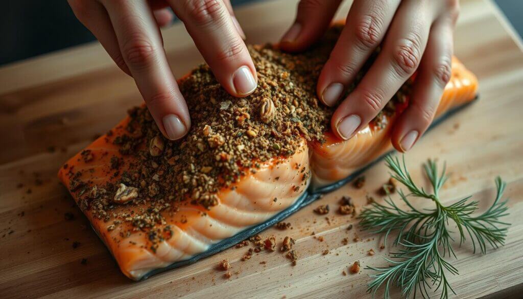 A close-up shot of a person's hands gently massaging a savory dry rub into the surface of a fresh salmon fillet. The rub is a mix of aromatic spices, herbs, and seasonings, with a warm, earthy color palette. The hands work the rub into every nook and cranny, ensuring even coverage. Soft, diffused lighting illuminates the scene, lending a soothing, kitchen-like atmosphere. The salmon rests on a clean, wooden cutting board, with a few sprigs of fresh dill or fennel fronds providing a touch of greenery. The overall composition emphasizes the delicate, hands-on technique of properly applying a homemade smoked salmon rub. Smoked Salmon Rub Recipe