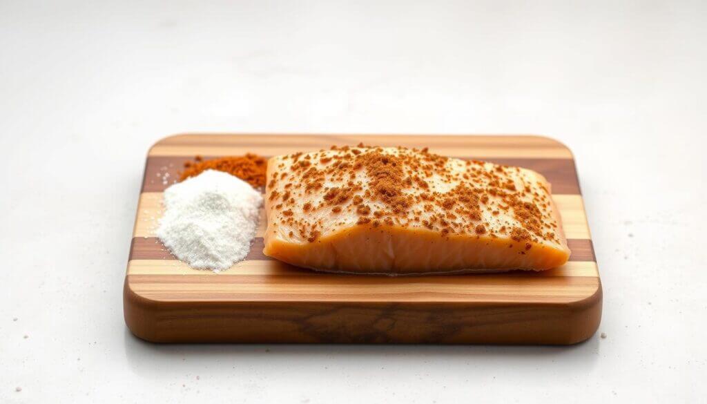 A close-up shot of a wooden cutting board featuring a dry rub recipe for salmon, presented against a clean, neutral background. The rub ingredients - brown sugar, paprika, garlic powder, salt, and pepper - are neatly arranged around the board, their textures and colors contrasting with the smooth wood surface. The lighting is soft and evenly distributed, creating a warm, inviting atmosphere. The composition emphasizes the simplicity and versatility of the dry rub, with a focus on the key elements that make it an essential FAQ for salmon preparation.