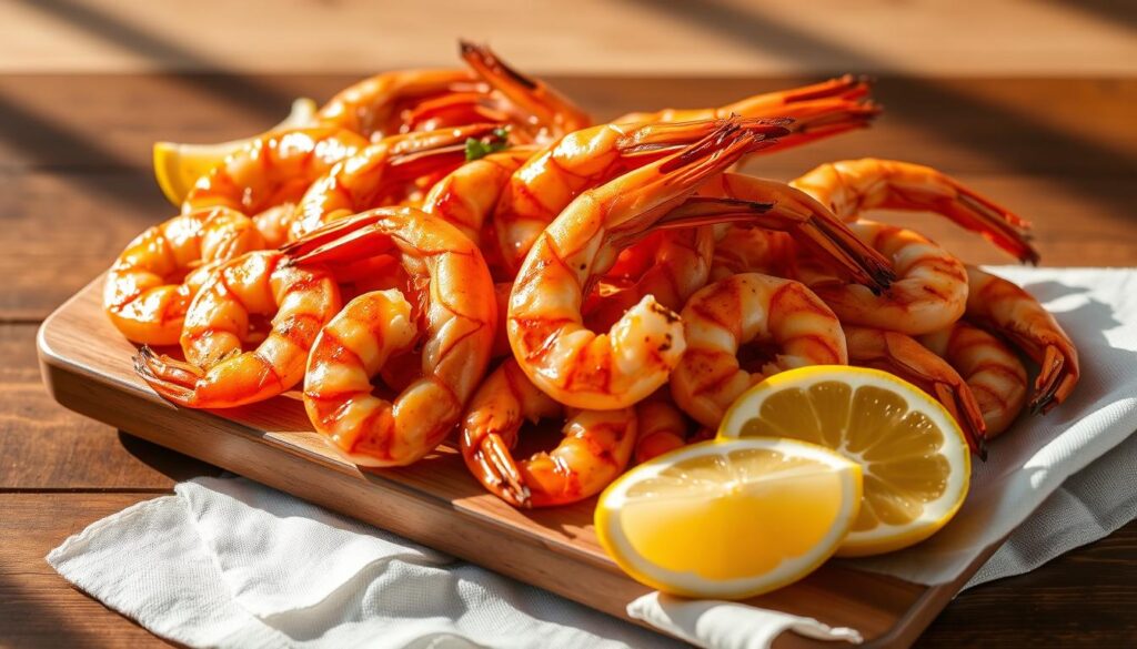 A visually appealing and appetizing platter of freshly grilled shrimp, served on a wooden surface with a linen napkin and lemon wedges. The shrimp are arranged in an elegant manner, their vibrant orange-pink hues glistening under warm, natural lighting that casts soft shadows. The background is a neutral, minimalist setting, allowing the star of the dish to take center stage. The composition emphasizes the shrimp's succulent texture and flavor, inviting the viewer to imagine the satisfying experience of savoring this delectable seafood dish. grilled shrimp recipe