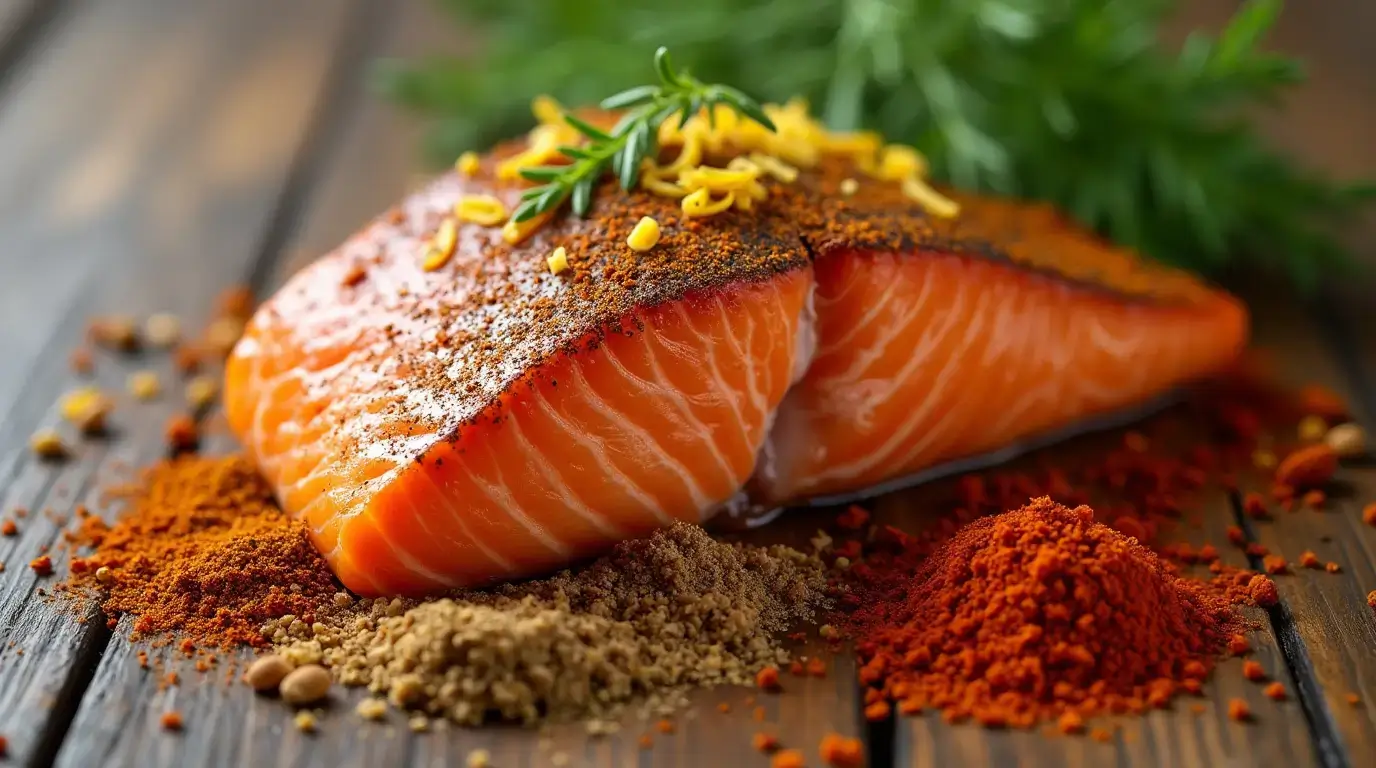 Delectable salmon rub, meticulously arranged on a rustic wooden surface. Close-up shot highlights the intricate blend of spices - aromatic paprika, earthy cumin, flavorful garlic powder, and a touch of zesty lemon zest. Soft, natural lighting casts warm shadows, conveying the inviting essence of a well-crafted seasoning mix. Nearby, a few sprigs of fresh dill add a touch of herbal freshness, complementing the savory rub. The overall composition evokes a sense of culinary expertise, ready to transform ordinary salmon into an extraordinary dish.